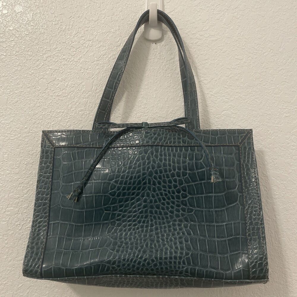 Vintage Liz Claiborne Fauxleather Handbag Tote Purse Classic Preppy Bluegreen